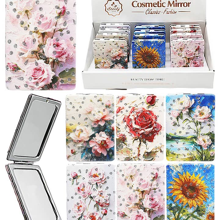 ASSORTED Floral Oil Paint Print Glitter Compact Mirror for wholesale on Faire