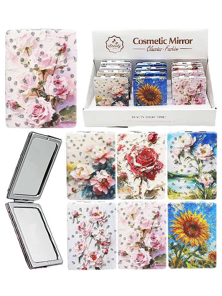 Floral Oil Paint Print Glitter Compact Mirror for wholesale by Cap Zone
