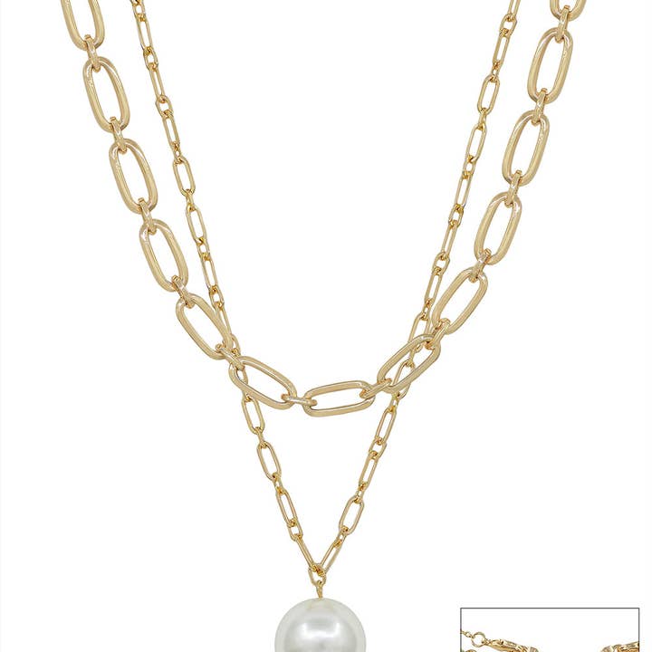 Gold Layered Open Chain with 20MM Beaded Pearl Drop 16"-18" Necklace for wholesale by What's Hot