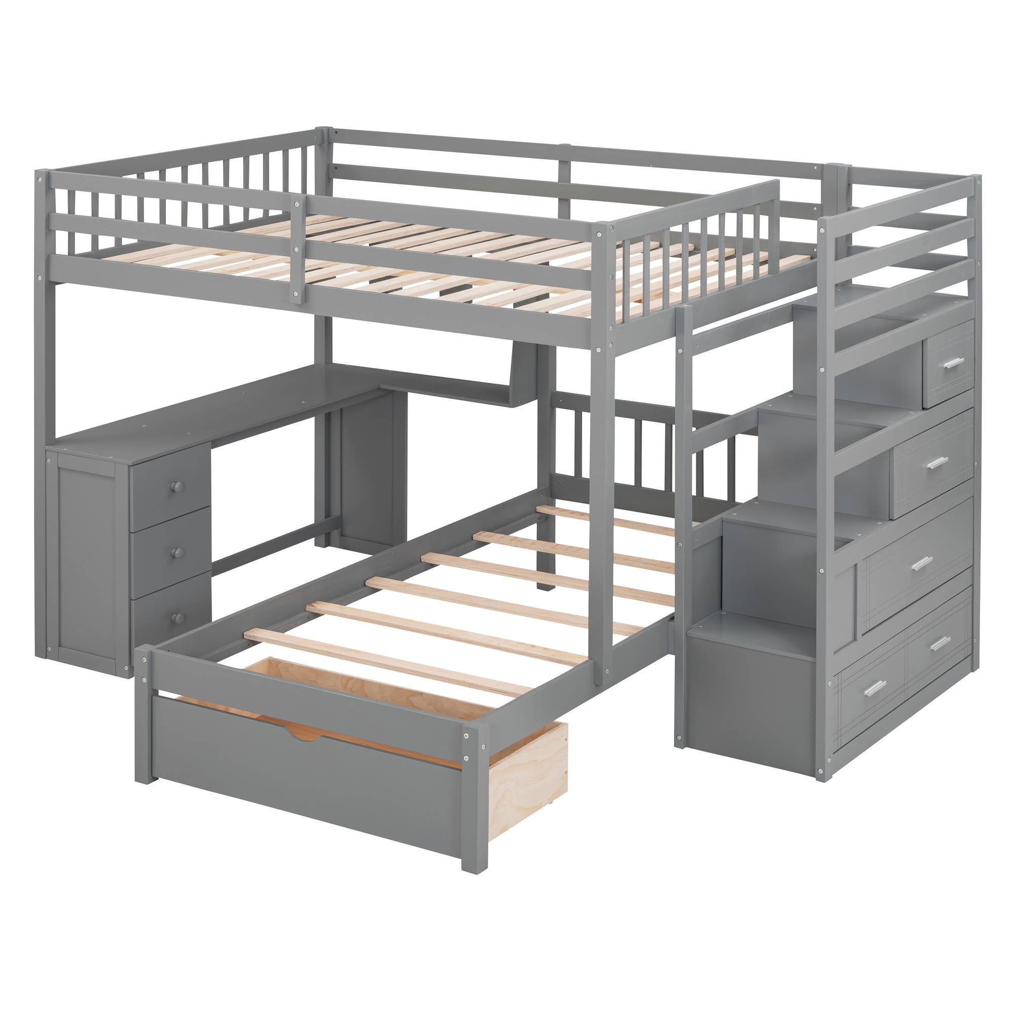 HomeRoots - Wholesale Bed - Gray Full Over Twin Wood Bunk Bed With Stairs Desk Drawers And Storage3