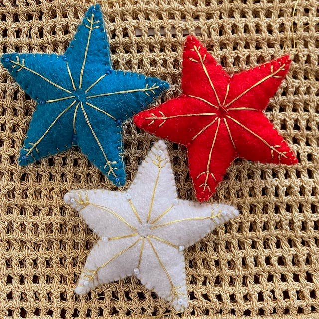 Luna-Leena  - handmade in Nepal - Vente Décoration de Noël - Pendentif étoile bleue et or en feutre de laine - fait main au Népal4
