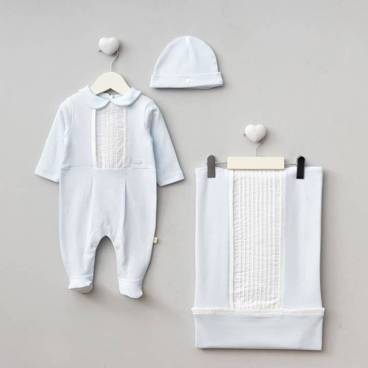 Omnis Pura - Wholesale Clothing set – Baby - Newborn Baby Boy 3-Piece Pleated Voile Set–Light Blue-0-3 M