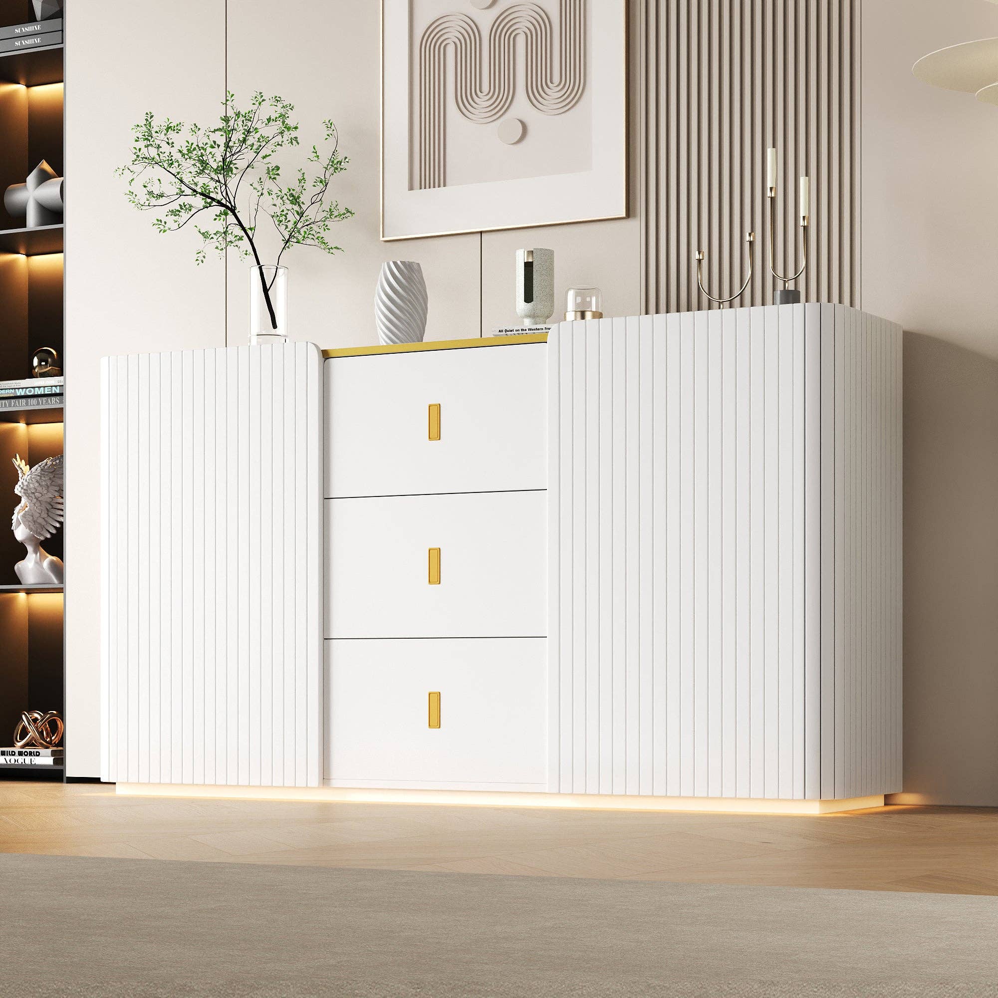 Urban Meuble – Aparador por atacado – Buffet branco elegante 2 portas, 2 gavetas com iluminação LED 150*35*80cm KRAUDREL1