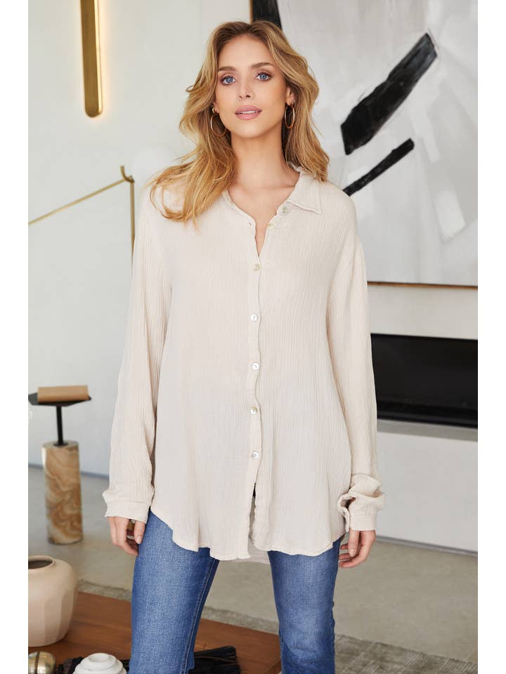 MILIO MILANO - Wholesale Button Down Shirt - Women's - COTTON GAUZE BUTTON-DOWN SHIRT (67978-BEIGE)