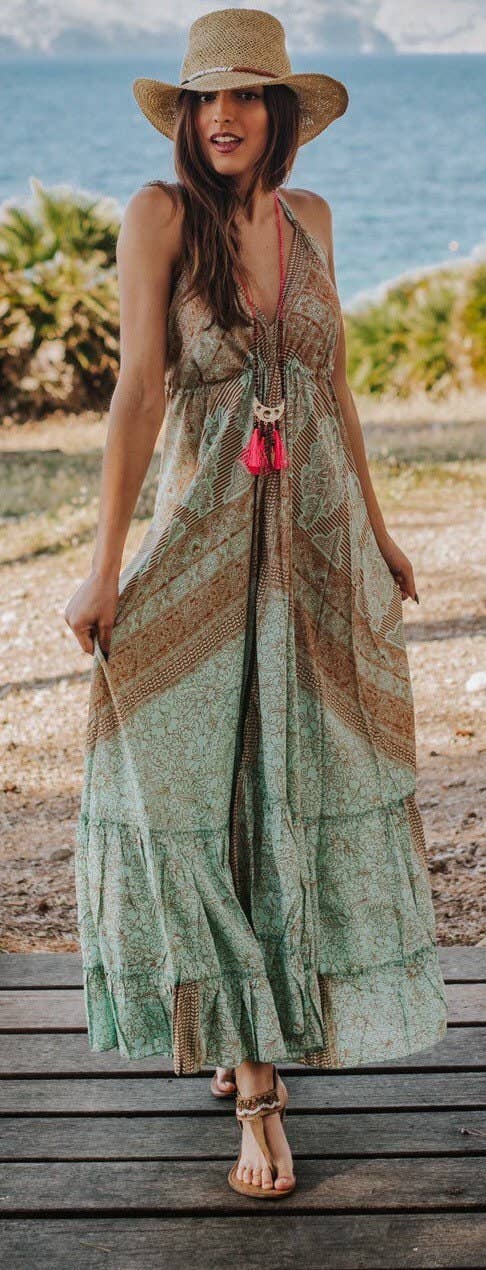 Miss Kitsch - Wholesale Dress - Women's - IBIZA DRESS Boho Long Silk Dress, Sea Green and Gold6