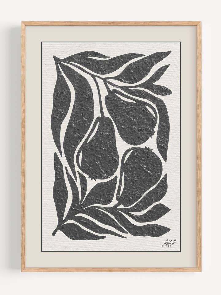 Stampa d'Arte Botanica Grafica, Natura Morta di Pera in Nero e Crema I147-67 per la vendita all'ingrosso da parte di Peardrop Prints