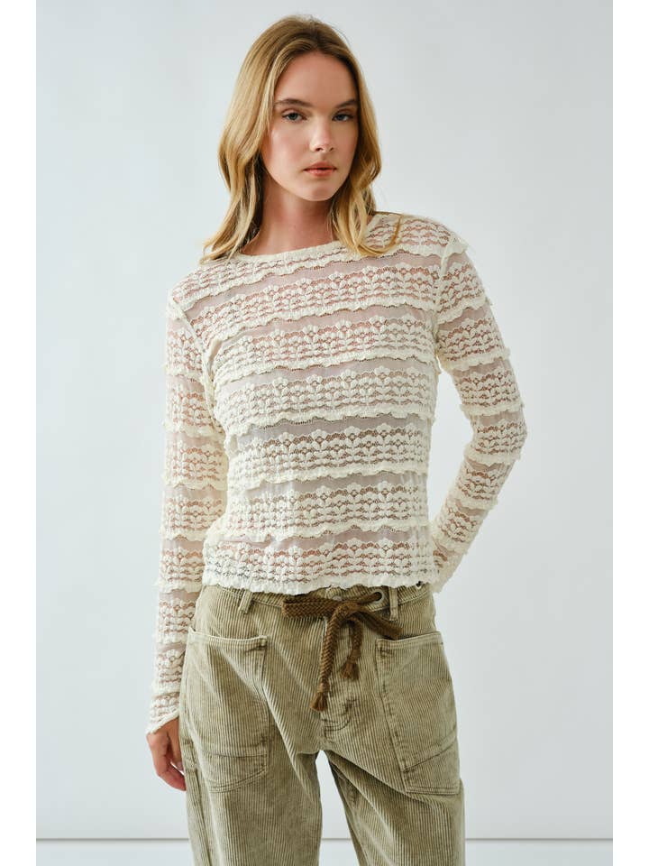 Aaron & Amber - Wholesale Knit Top - Women's - AJT5330 LONG SLEEVE CREW NECK STRETCH LACE TOP 0