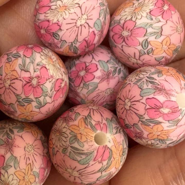 ASAP Craft Supplies - Wholesale Beads - Pink Flower Print Silicone Beads - 15mm 10Ct2