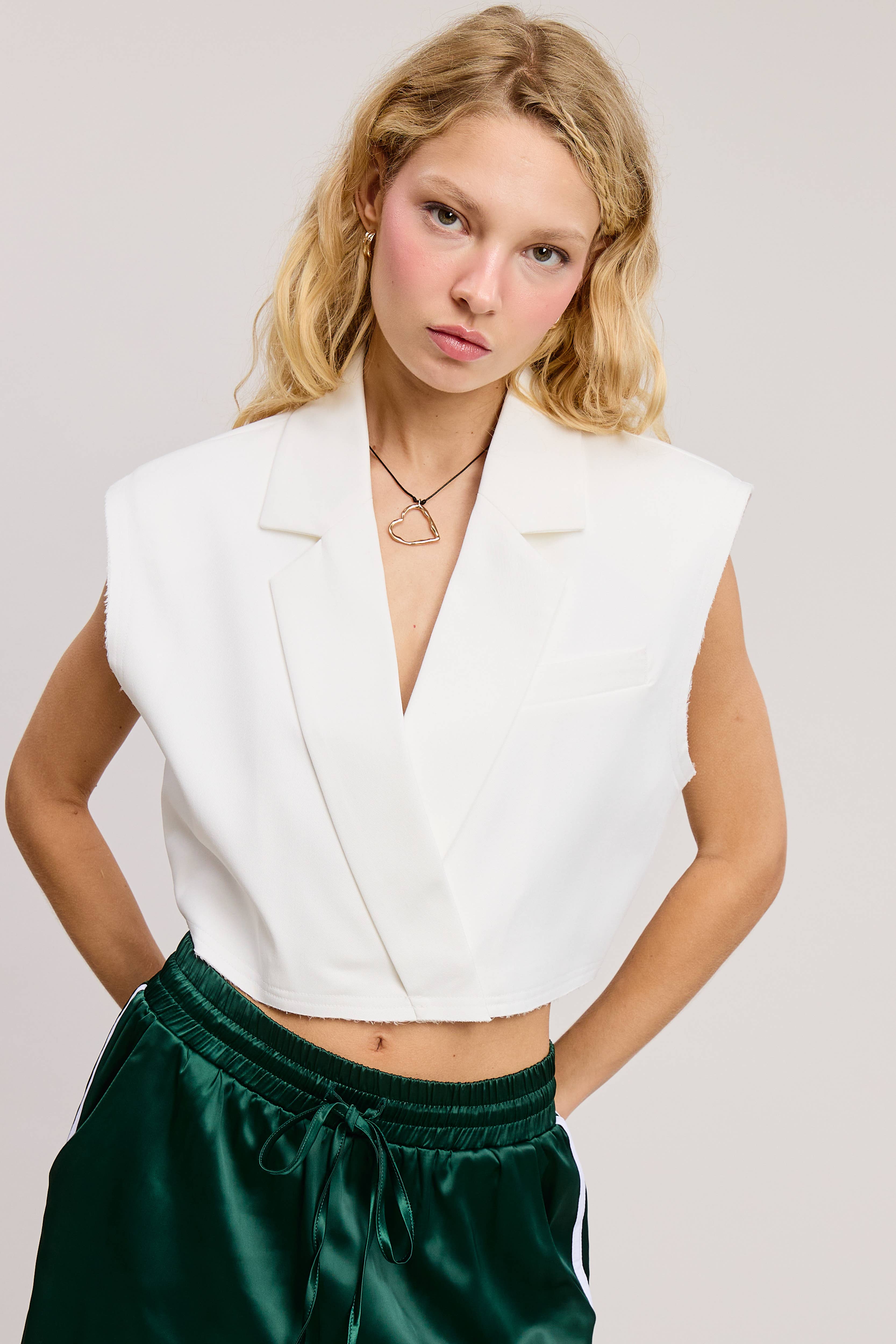 Mimosa - Wholesale Outerwear Vest - Women's - Cropped Collared Vest with Raw Hem9