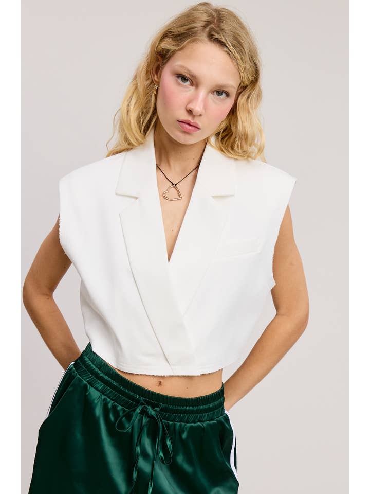 Mimosa - Wholesale Outerwear Vest - Women's - Cropped Collared Vest with Raw Hem9