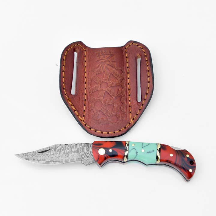 Damascus steel pocket knife Limited Run Red & Blue Resin TF-050 for wholesale by Titan International