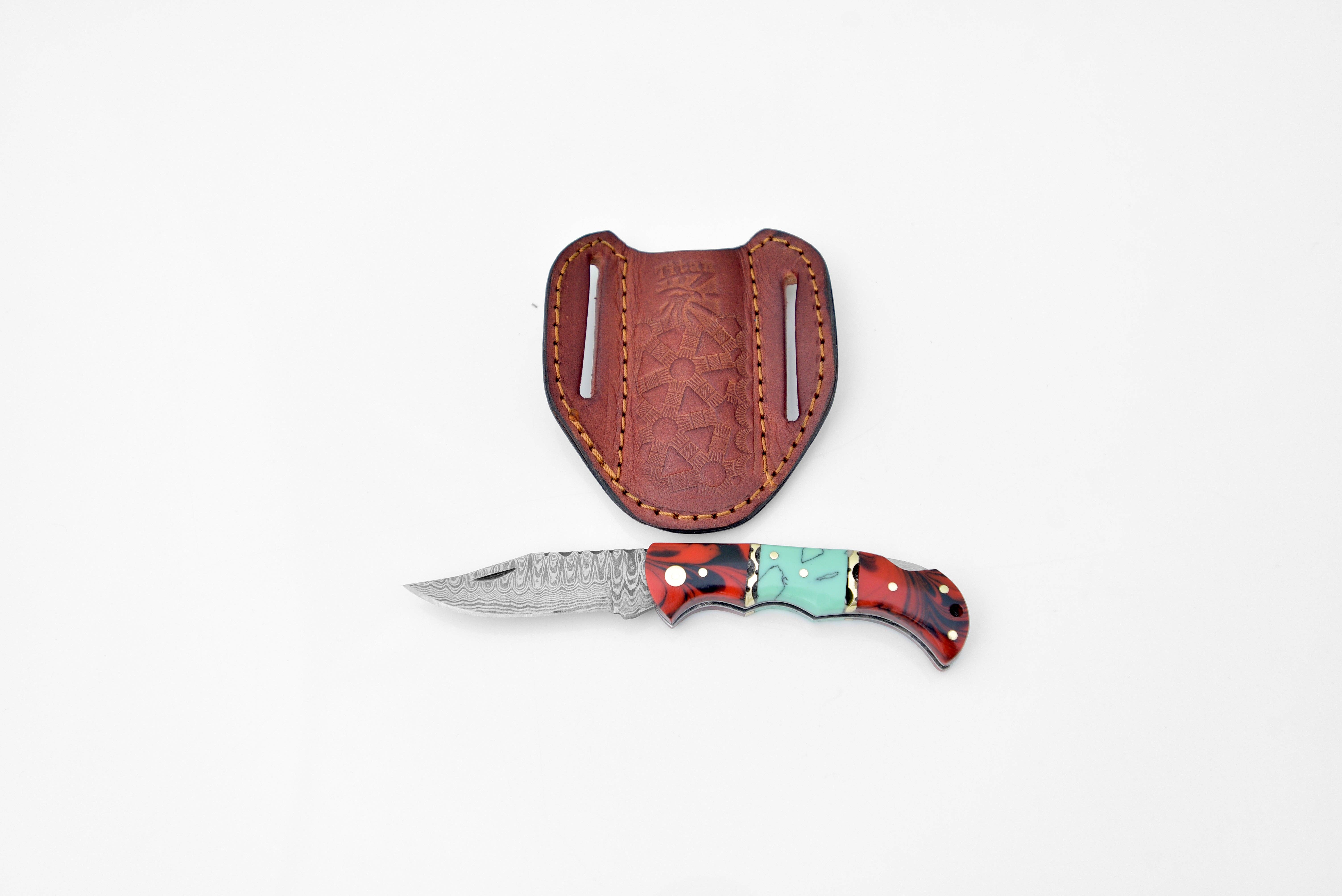 Titan International - Wholesale Pocket Knife/Holder - Damascus steel pocket knife Limited Run Red & Blue Resin TF-050