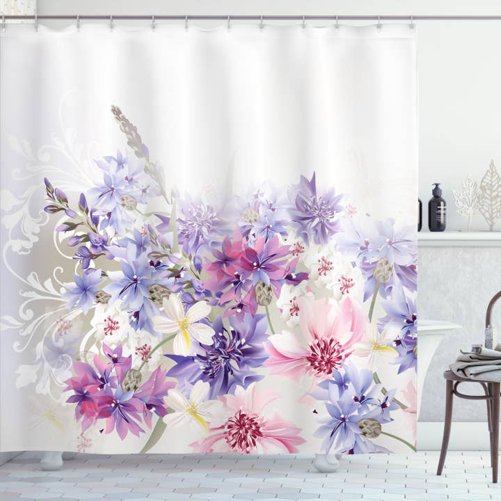 Lavender Fabric Shower Curtain Set Flowers & Violets Bridal for wholesale by Ambesonne