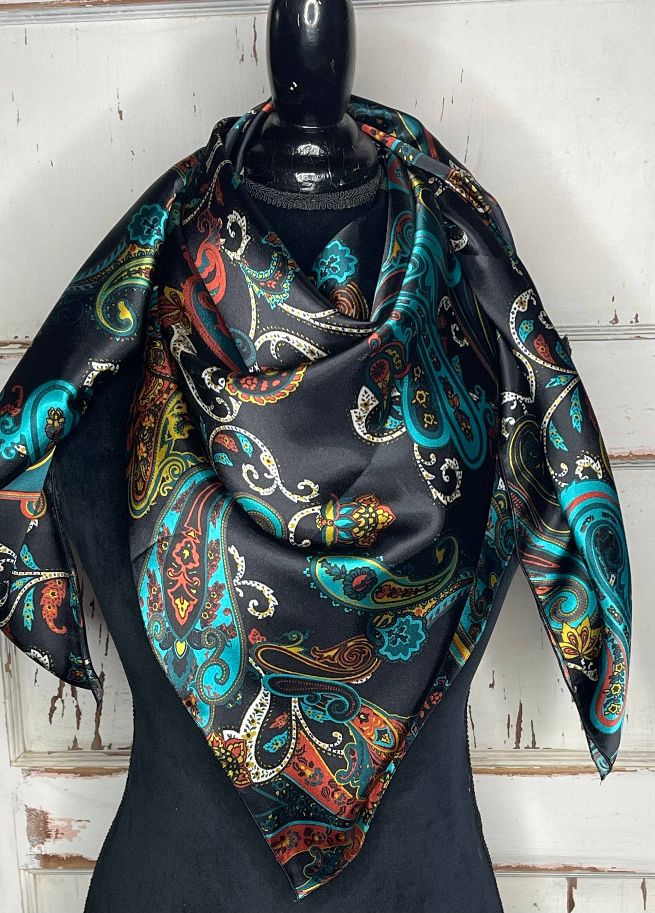 Rainyday Homemade – Cachecol - Mulher por atacado – Paisley Wild Rag, Charmeuse Satin, Teal Paisley, Extra Large Wild Rag, Ranch Life, Cowboy Life, Cowgirl Life9