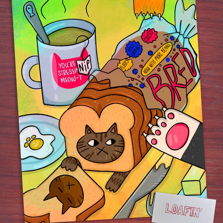 Loafin' Cat Breakfast Series Art Print for wholesale by Hijinx Mixed Media
