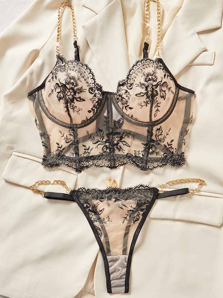 Damen Sexy Transparente Blumenstickerei Kettenriemen Dessous-Set für den Großhandel von Sweetkama