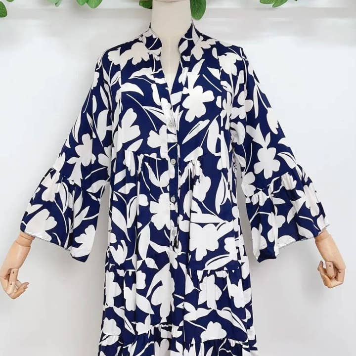 SVI8 Navy One Size Italian Floral Short Printed Dress for wholesale by LOOWIE