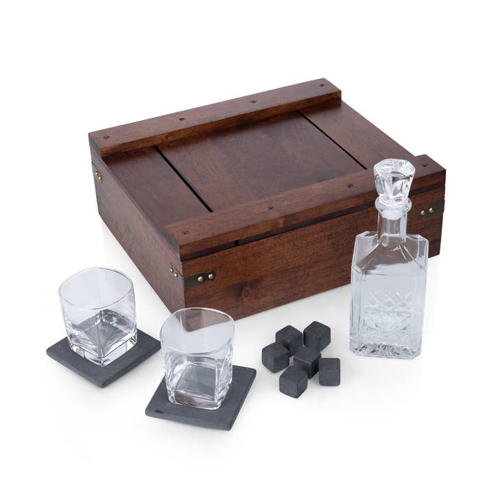 Dark Stain Parawood Whiskey Box with Decanter - Gift Set for wholesale on Faire31