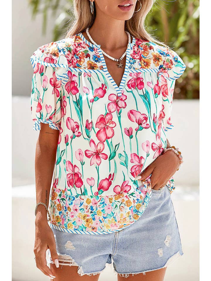 Pink LDC Floral Print Striped Detail Split Neck Blouse for wholesale on Faire