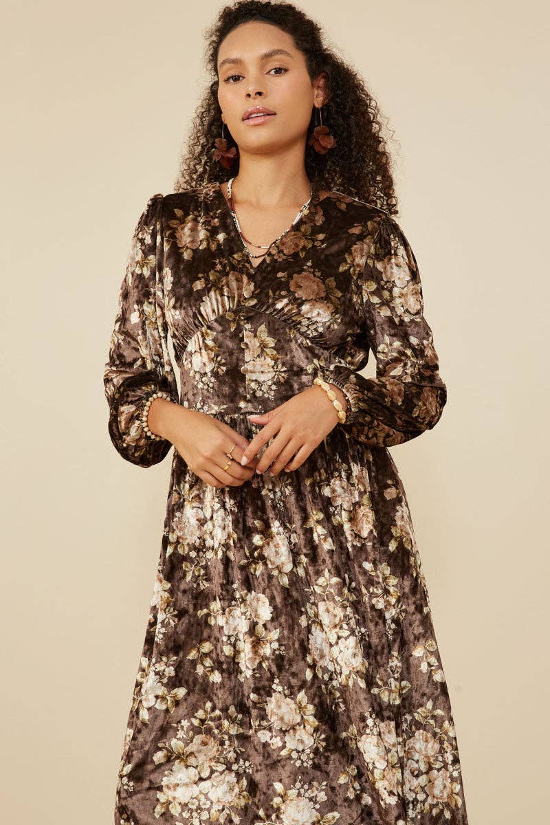 Castanho Vestido de Veludo Floral com Decote em V para Mulheres para venda a revendedores na Faire2