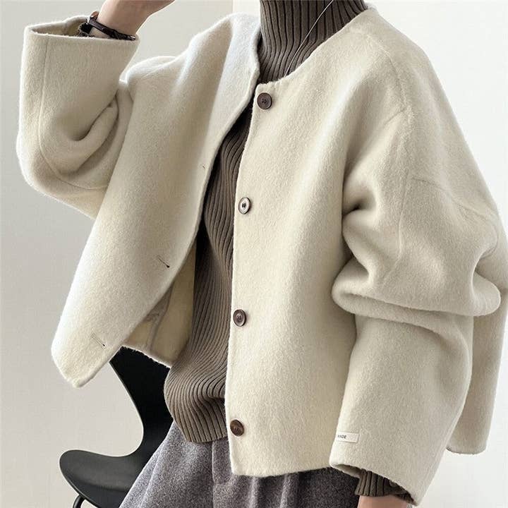 FurDecoration - Wholesale Coat - Women's - Solid Color Short Round Neck Reversible Wool Coat