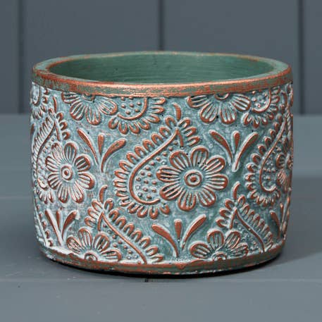 Jardinière en ciment lavé vert et cuivre pour la vente par Satchville