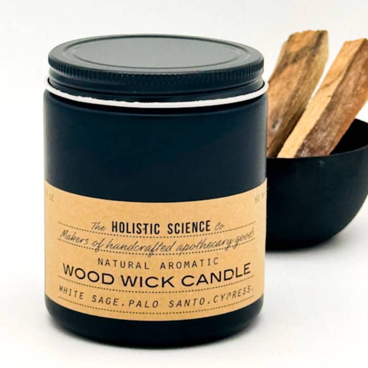 Aromatic Wood Wick Candle: White Sage. Palo Santo. Cypress. for wholesale by The Holistic Science Co.®