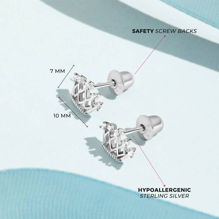 In Season Jewelry - Wholesale Earrings - Kids - 5 Point CZ Crown Baby / Toddler Earrings - Sterling Silver3
