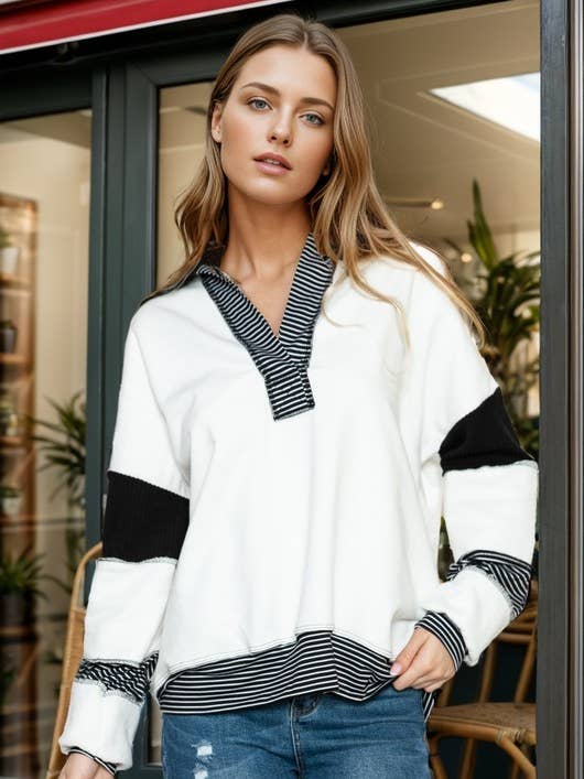 SOLID LOOSE FIT TOP WITH STRIPE CONTRAST - NEW for wholesale by Burgundy Apparel