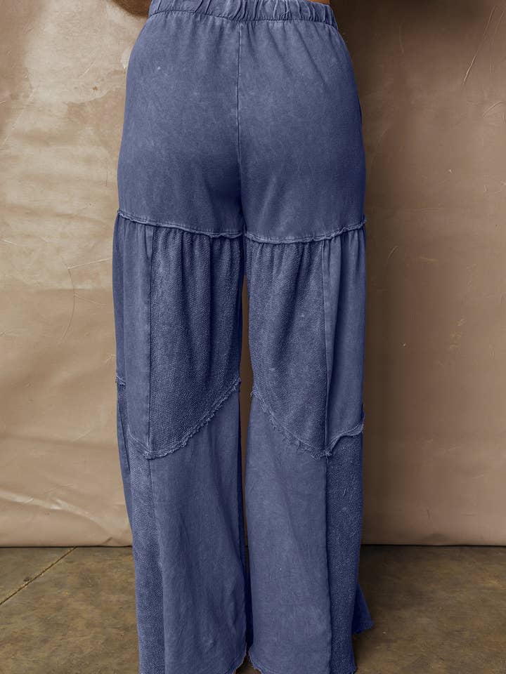 Lovesoft - Wholesale Pants - Women's - Black Mineral Wash Tiered Wide Leg Patchwork Drawstring Pants10