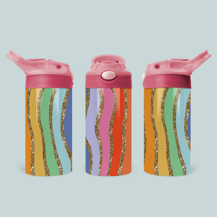 Matty + Lux - Wholesale Water Bottle - Rainbow Glitter Stripes - Handmade Kids 12 oz Water Bottle
