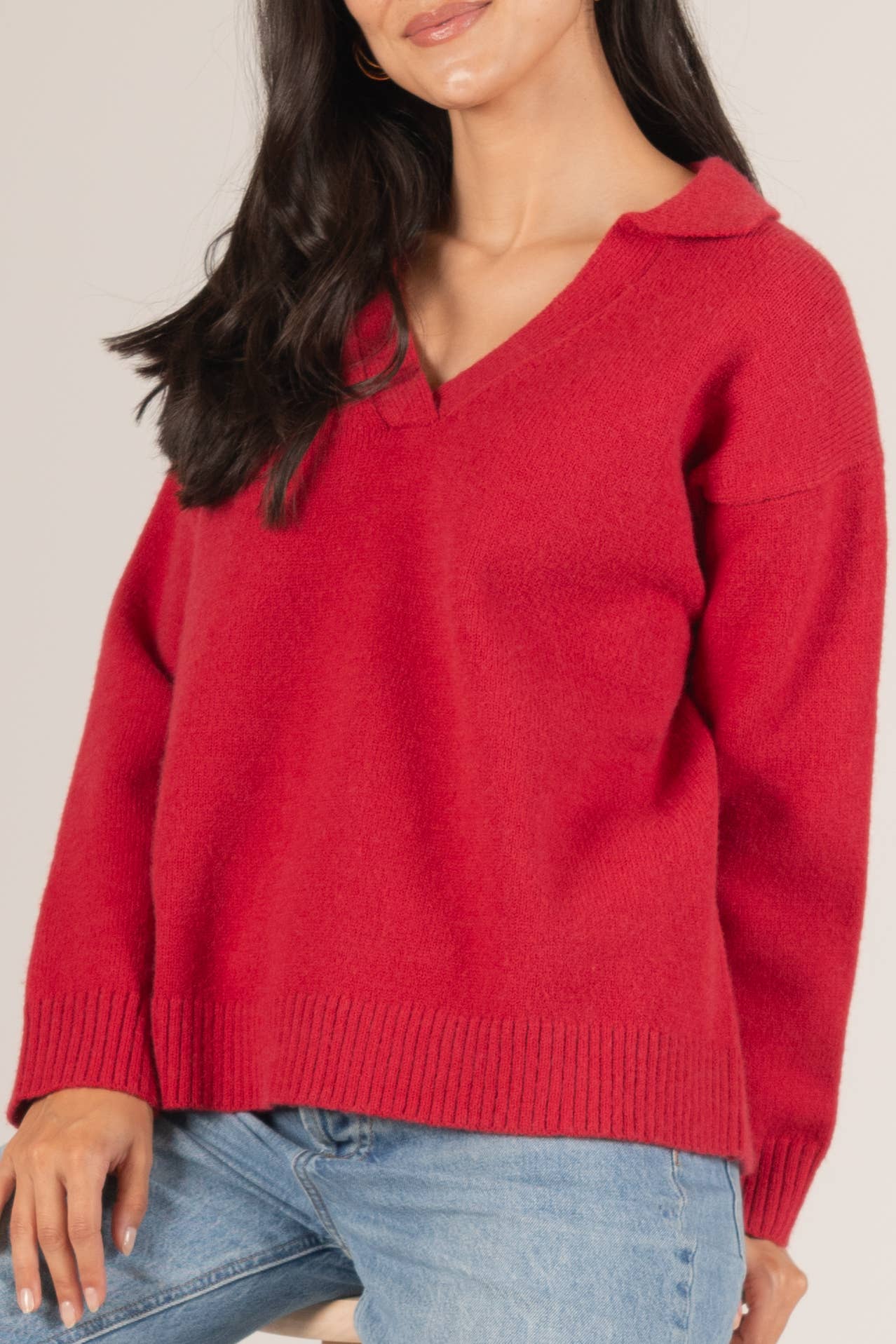 Dark Raspberry Knit Collared V Neck Ribbed Border Sweater Top	 for wholesale on Faire2