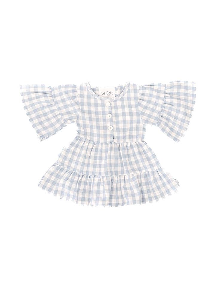 Mama Linen Gingham Dress Baby Blue for wholesale by Le Edit