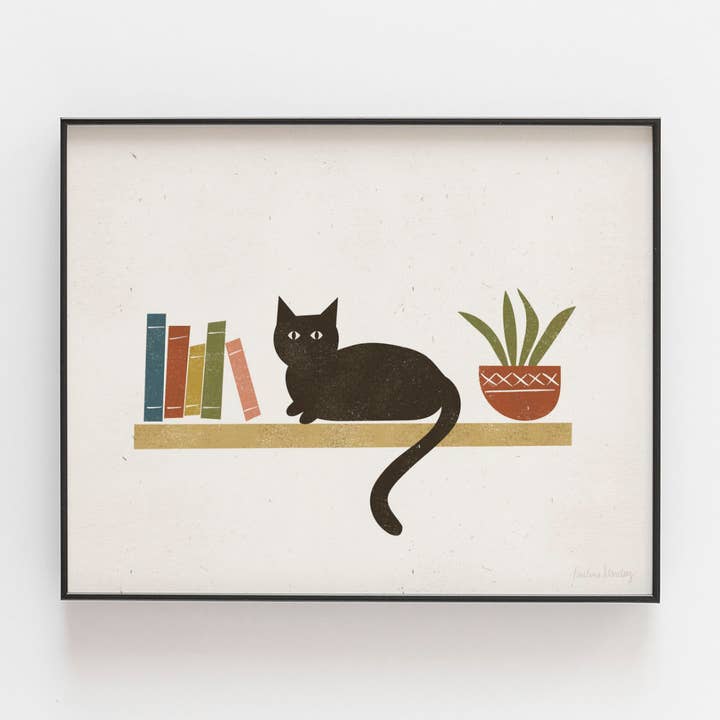Cat on Shelf Wall Art Print for wholesale by Rare Bird Co. + Pauline Stanley Studio