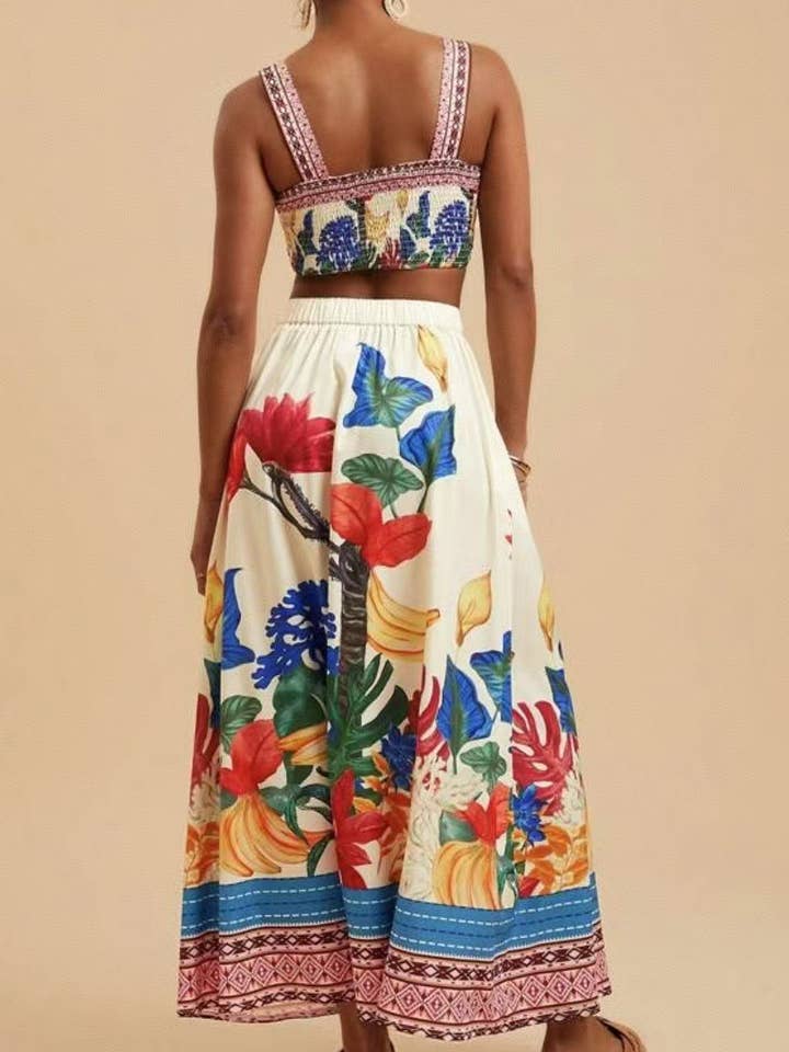 Rosa Clothing - Wholesale Top & Skirt Set - Women's - Colorful Boho Floral Print Crop Top & Skirt Set
