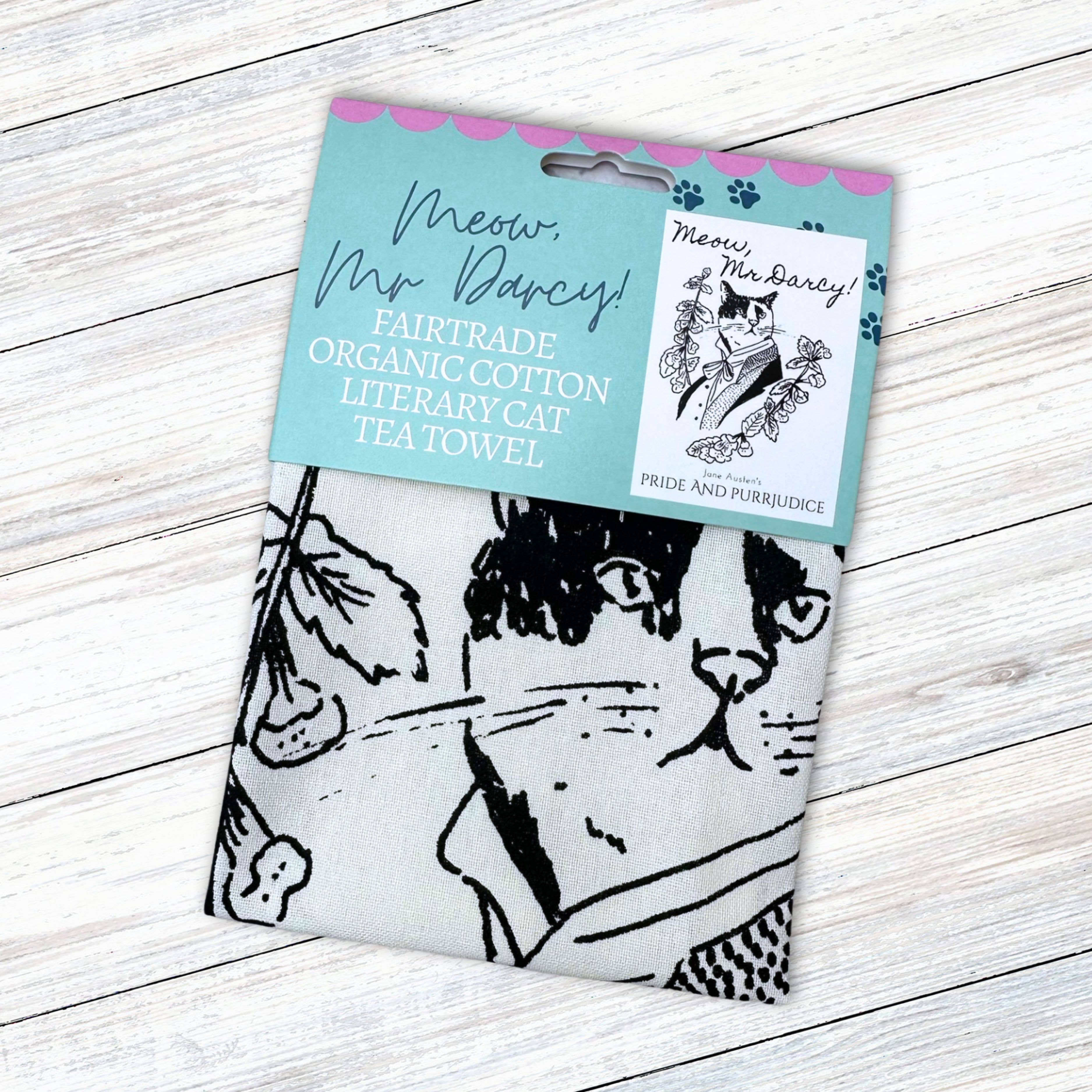 GiftSmith - Venta al por mayor Paños de cocina - ¡Miau, Sr. Darcy! Paño de cocina con gato literario de algodón de4