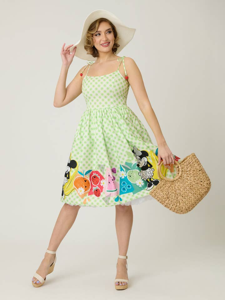 Disney Food Collectie door Unique Vintage Groen Gingham Mickey Fruitsalade Swingjurk voor wholesale door Unique Vintage