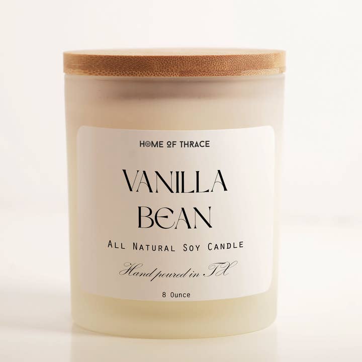 Vanilla Bean 8 oz Soy Candle White Frosted Jar for wholesale by Home Of Thrace