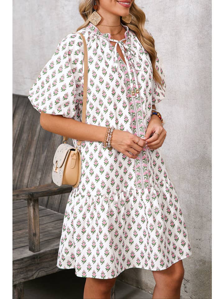 Pink Floral Ruffle Bubble Sleeve Spring Dress for wholesale on Faire