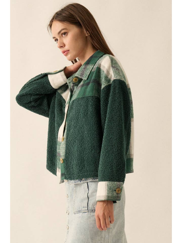 PINE GREEN Plaid Contrast Fur Button Front Yoke Front Shacket for wholesale on Faire