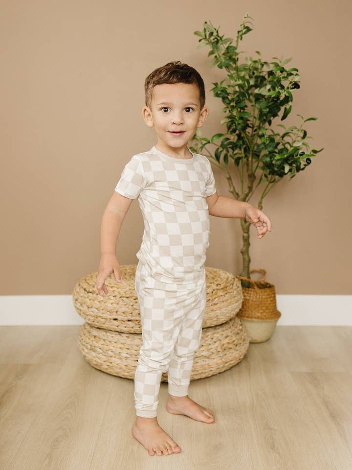 Little Joy Co. - Wholesale Sleepwear Set - Kids - Neutral Checker 2pc Bamboo Pajamas Toddler Boy PJs Set Check