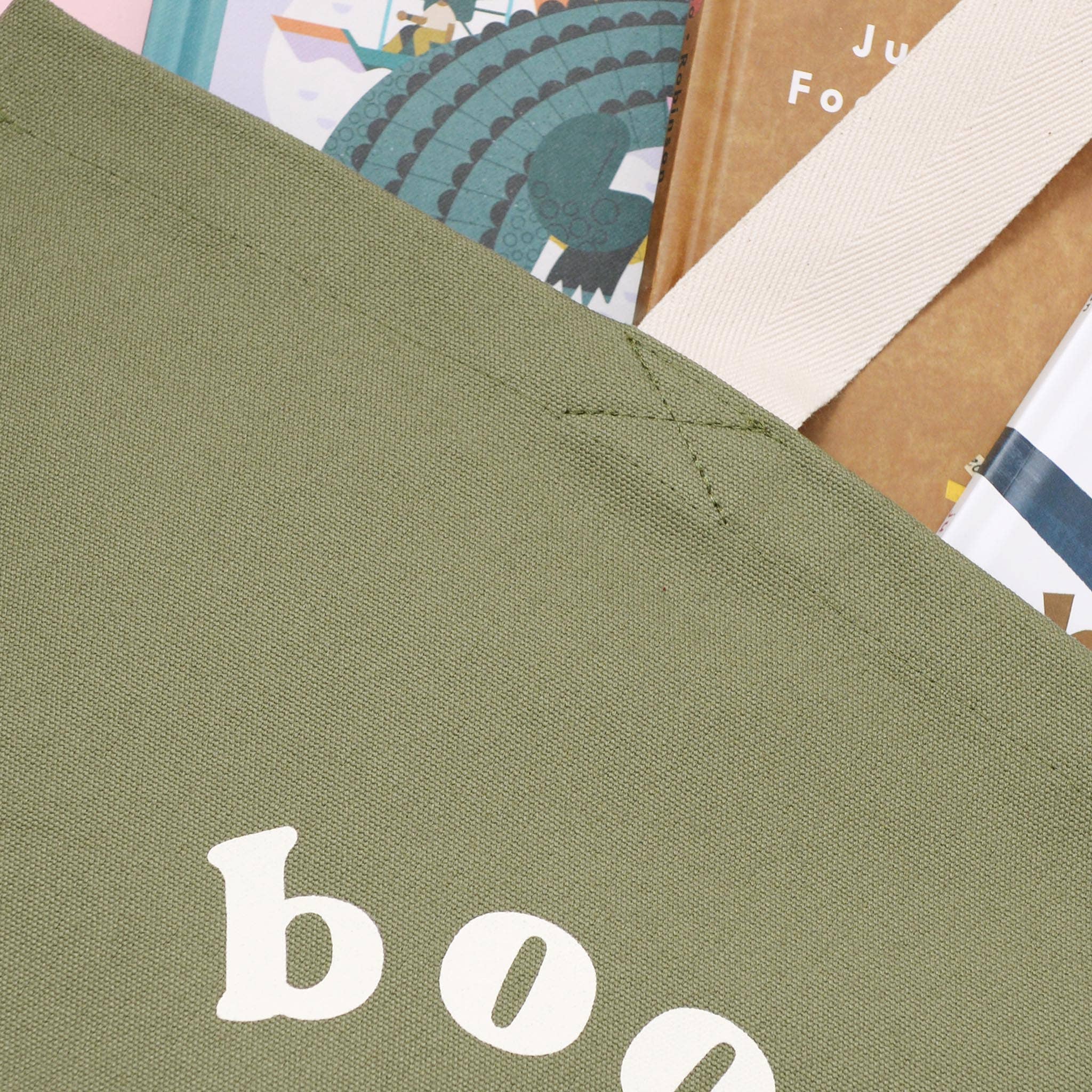 Alphabet Bags – wholesale Tote bag – Unisex – Books & Snacks - Olive Green Canvas Tote Bag4