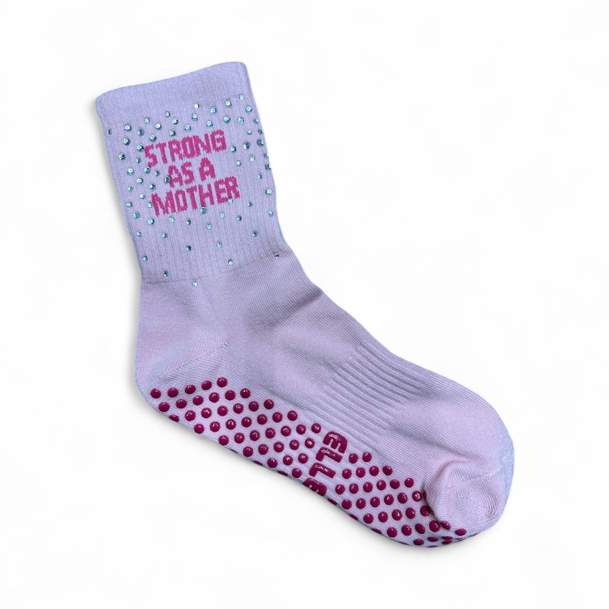 Pink Strong as a mother 💪🏼 Pilates Socks for wholesale on Faire2