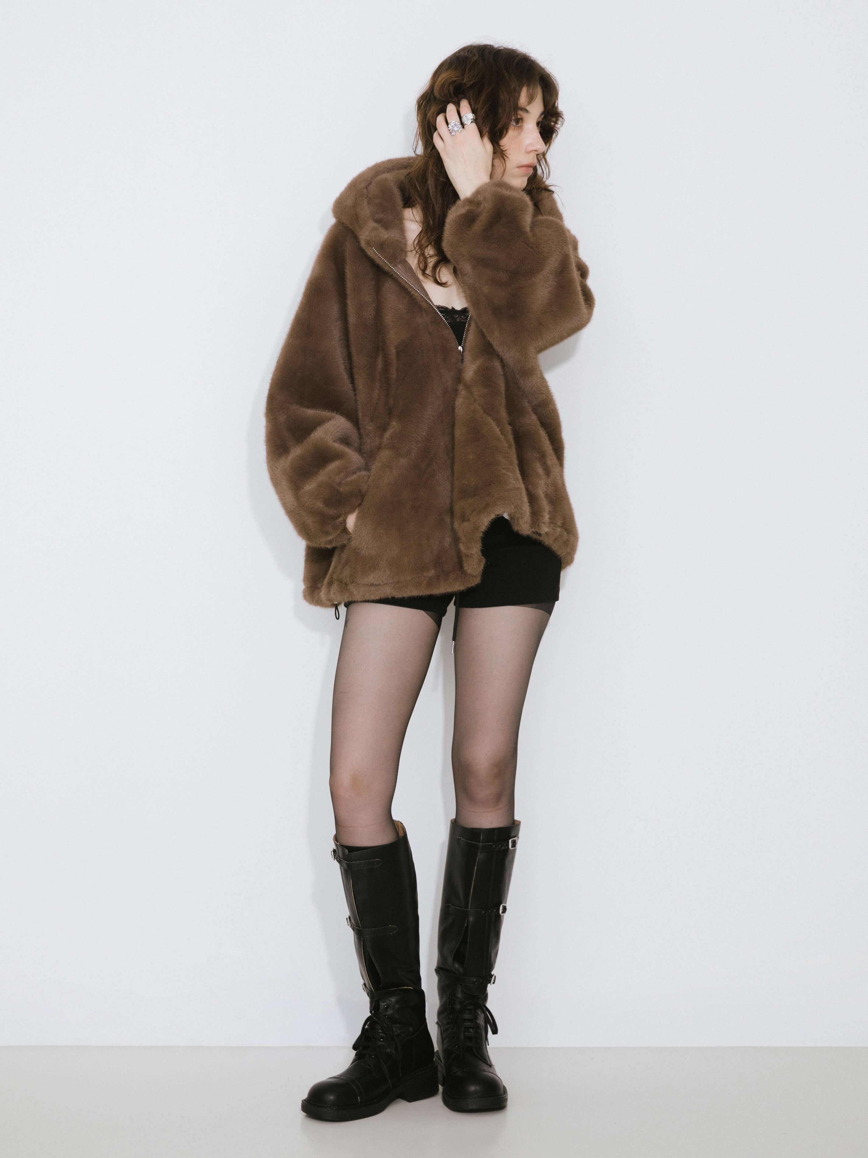 Brown Faux Fur Zip-Up Jacket With Hood for wholesale on Faire