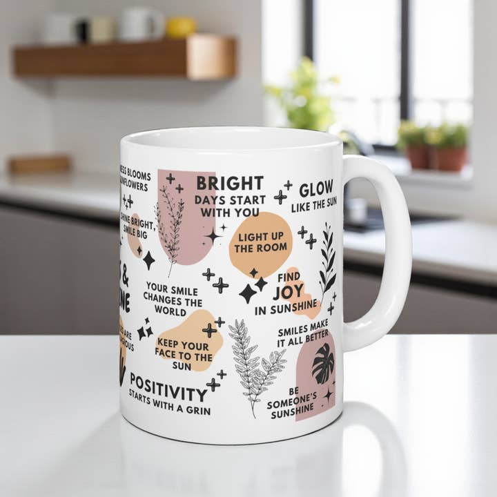 EMESLY - Wholesale Coffee Mug - Smiles & Sunshine Motivational Ceramic Coffee Mug; 11oz/15oz1