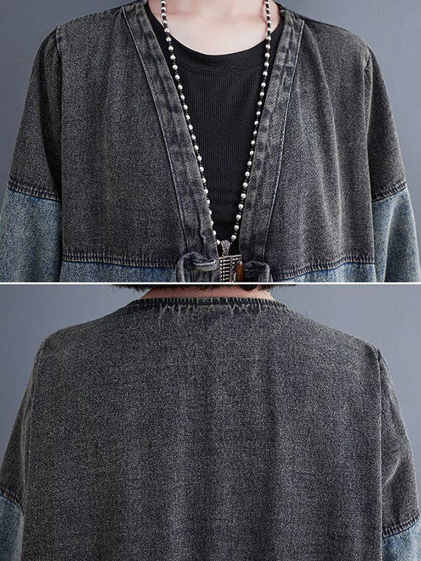 BLÅ Konstnärlig retro denim långa ärmar löst bundna split-joint trenchytterkläder för wholesale på Faire8