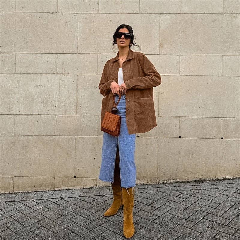 Marrone Giacca di pelle scamosciata marrone con colletto ampio in vendita all'ingrosso su Faire3