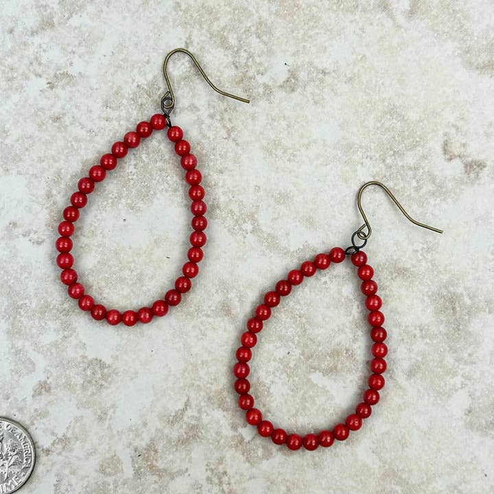 Red Coral Teardrop Hoop Dangle Earrings for wholesale by Western Elite Jewelry