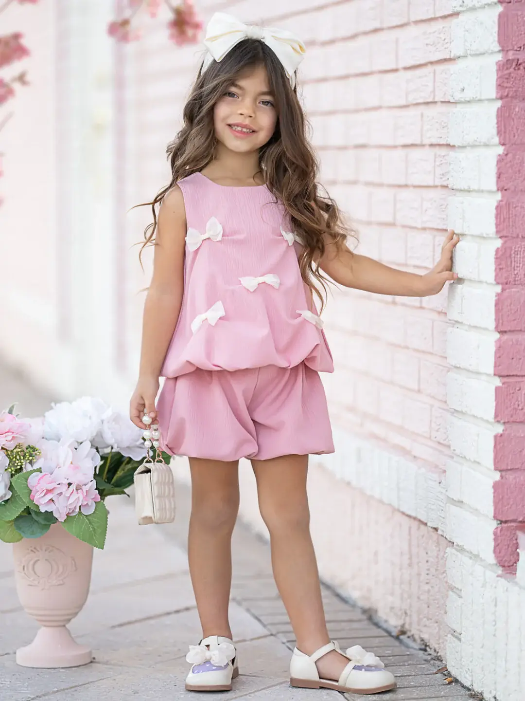 Auraquise - Wholesale Top & Short Set - Kids - Girls Summer Pink Bow Fashion Cute Short Set4