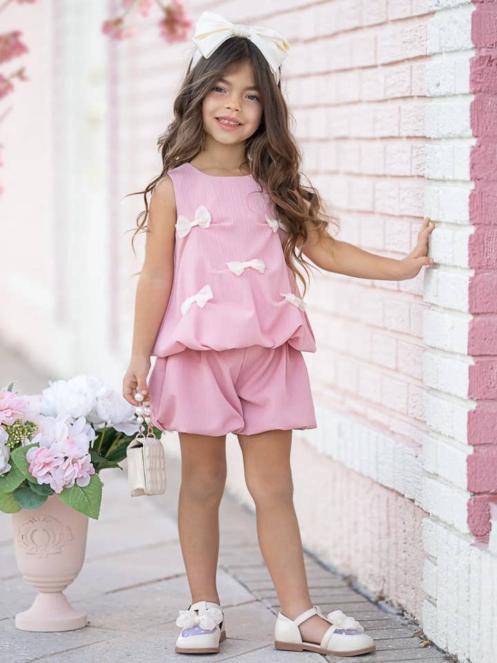 Auraquise - Wholesale Top & Short Set - Kids - Girls Summer Pink Bow Fashion Cute Short Set4